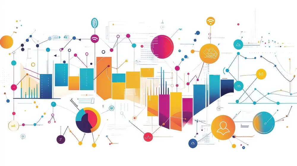 Colourful abstract bar chart with lines to communication symbols