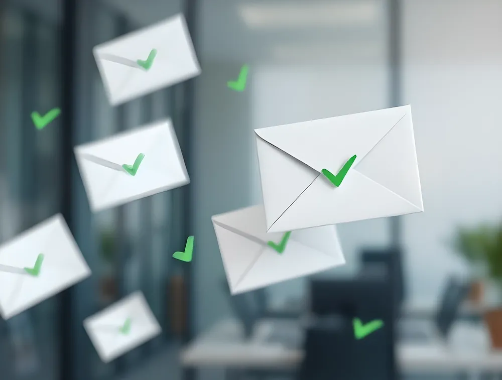 Envelopes with green ticks floating in front of office environment