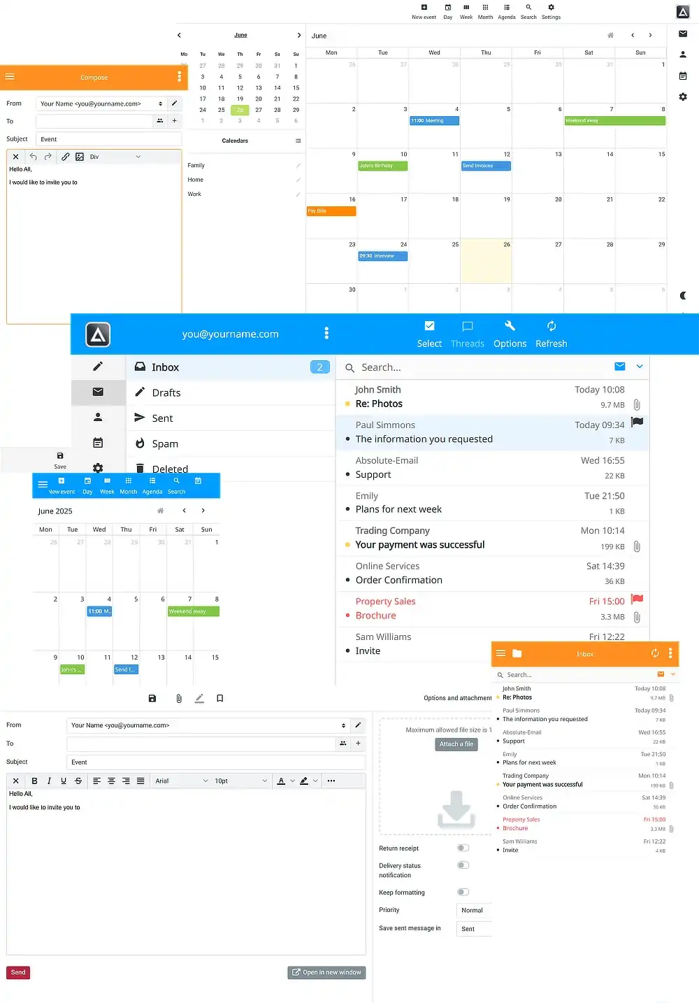 Screenshots of Absolute-Email webmail showing a few styles and functions