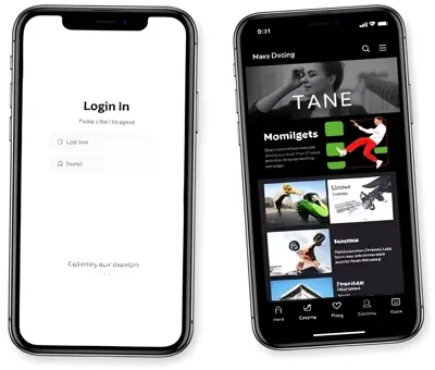 Two mobile phones, one showing a login screen, one showing a stylish website