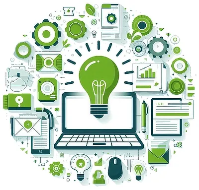 Graphic with laptop and light bulb surrounded by screens, email address and website tools, charts