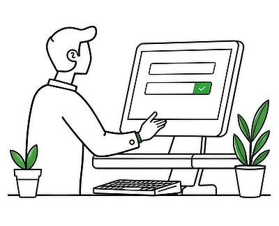 Graphic of a man sitting at a screen completing sign-up