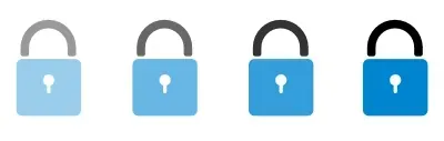 Row of four blue locked padlocks