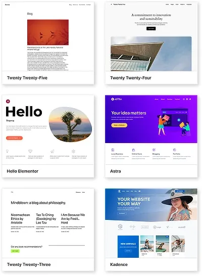 Screenshots of the most popular WordPress themes and templates